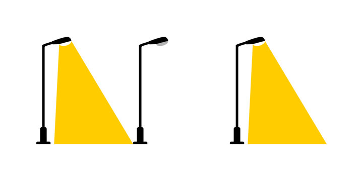 Black electric streetlight lamp pole illumination yellow light and broken streetlight at night flat icon vector design.