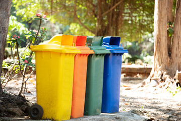 Trash cans for sorting garbage recycle bin waste plastic container collection. Reuse, reduce,...