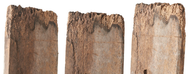 set of rotten old wood planks, naturally deteriorated due to exposure to moisture or decayed weathered and termites timber signpost boards, cut out isolated
