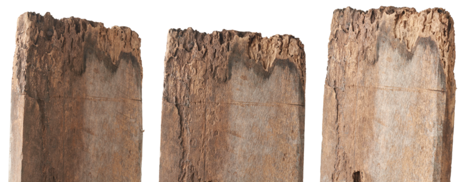 set of rotten old wood planks, naturally deteriorated due to exposure to moisture or decayed weathered and termites timber signpost boards, cut out isolated