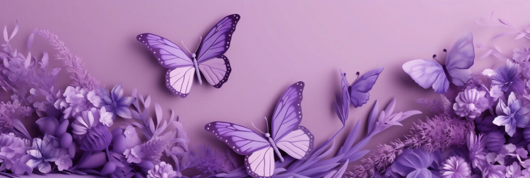 Fototapeta Greeting card for Happy Birthday or Women's Day, Card in purple tones decorated with butterflies and lavender, Generative AI