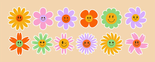 Fototapeta na wymiar Daisy groovy flowers. Smiling retro floral faces. Y2k simple design. Cartoon chamomile character. Trendy vector illustration.