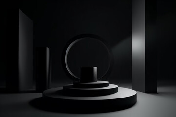 Beauty, fashion, make-up concept. Minimalistic product placement podium made from various black matte geometric shapes with copy space. Minimalistic and futuristic looking style. Generative AI
