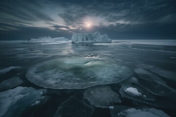 A frozen lake in Siberia with an iceberg, moonlight, and vortex clouds. Generative AI