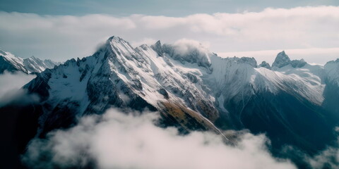 aerial shot taken by drone of a majestic, snow-capped mountain range, shrouded in clouds and mist Generative AI
