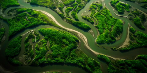 aerial view of a river delta with lush green vegetation and winding waterways  Generative AI - obrazy, fototapety, plakaty