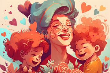 Fototapeta na wymiar Colorful and Cheerful Illustration for Mother's Day Celebration, Mom and Kids Smiling full of Joy, Created using generative AI Tools