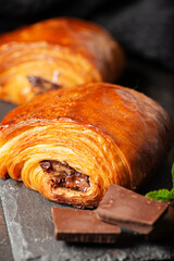 Delectable golden brown baked Pain au chocolat.