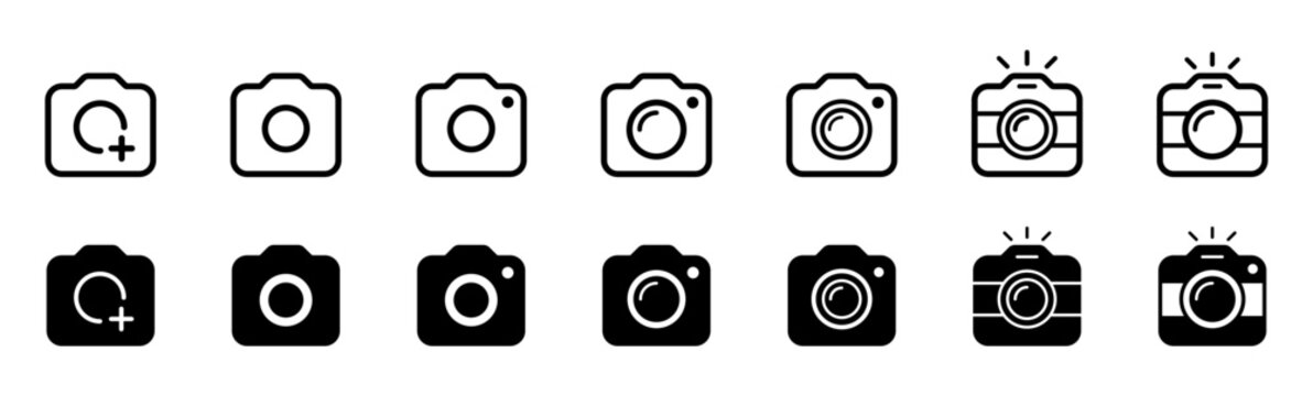 Camera icon set. photo camera in flat style symbol. photography camera line art signs, vector illustration