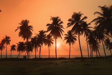 Naklejka na ściany i meble Coconut trees and beach soothe orange summer sunsets. Generative AI
