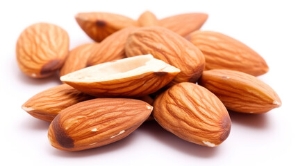 Close-up of natural peeled almonds. White background. generate by ai