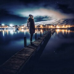 Girl on the pier looking at beautiful city 