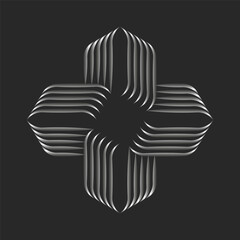 Cross shape logo pattern from silver thin parallel lines artwork on black background. Overlapping metallic stripes art ribbons form.