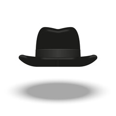 A black homburg hat of fur felt front view isolated on white background realistic 3d vector object, with single dent running down centre of the crown. Wide silk grosgrain hatband ribbon and flat brim.