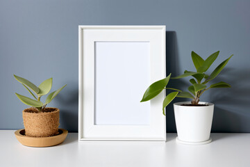 White photo frame mockup frame sitting next to a potted plant, Generative AI