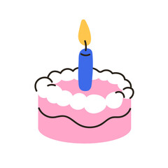 First 1st year birthday cake with one candle. Small sweet dessert for baby. Yummy holiday confectionery for childish kids anniversary party. Flat vector illustration isolated on white background
