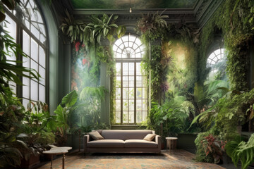 Naklejka premium Mysterious room full of green plants, Generative AI