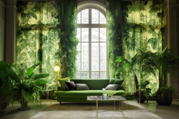 Fototapeta premium Mysterious room full of green plants, Generative AI