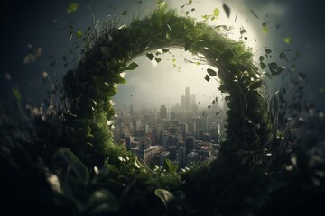 Environmental emblem of earth with green leaves encircling cities for ecology and protection. Generative AI