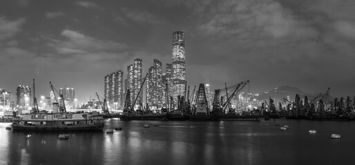 Night scenery of skyscraper, skyline and harbor of Hong Kong city