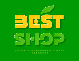 Vector advertising Signboard Best Shop. Green sticker Font. Trendy bright Alphabet Letters and Numbers