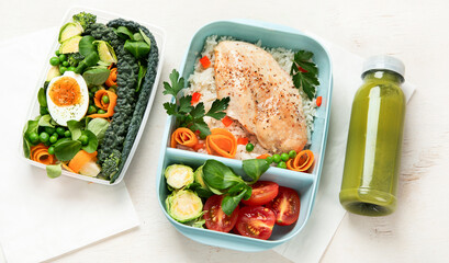 Different types healthy meals in containers, Takeout food menu, top view, copy space