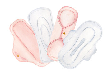 A set of disposable and reusable sanitary pads. Personal hygiene products for women. White sanitary pad. Watercolor illustration. Isolated.