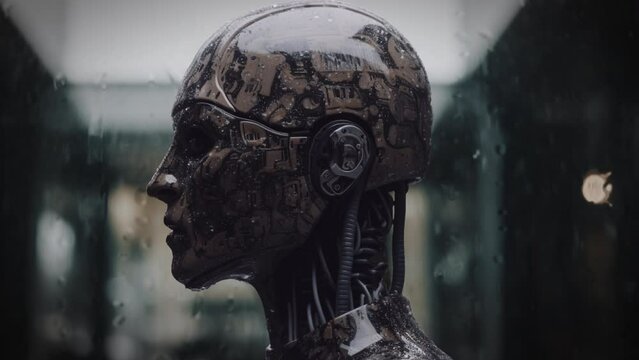 Artificial Intelligence robot seeking shelter from the rain. Concept of a sad depressed angry male humanoid droid wet. It&rsquo;s raining outside as the depressed robot looks out of the window.