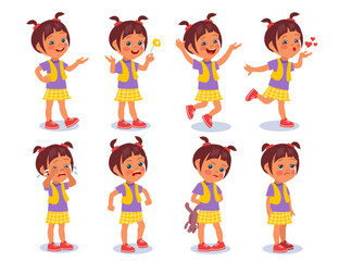 Cartoon girl expressions. Kid character in different poses. Positive and negative emotions. Cheerful or upset teenager. Cute child character. Laughing and crying teen. Splendid vector set