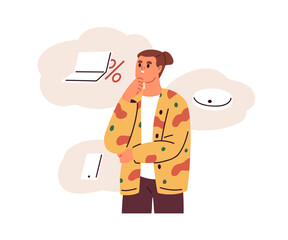 Person buyer thinking what to buy, choosing purchase, device to spend money on. Puzzled customer choosing. Consumers thoughts, costs concept. Flat vector illustration isolated on white background