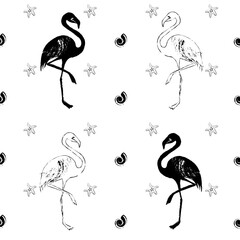 Fototapeta premium Seamless pattern with flamingos, shells and starfish, black and white sketch. Hand drawing, doodle, vector