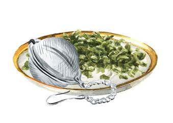 Green tea brew and Tea Brewing sieve. Hand drawn watercolor illustration, isolated on white background
