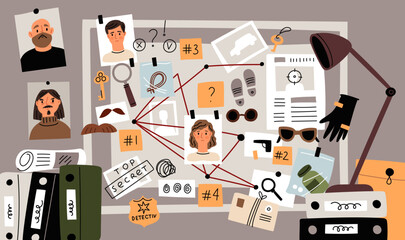 Detective board. Police office attribute. Evidences collection. Marked map. Photos with suspects. Criminal investigation. Spy document folders. Secret information. Garish vector concept