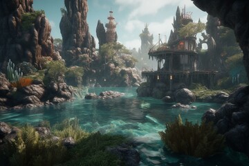 Experience the magical mermaid lagoon in stunning detail with the ultra-wide angle and depth of field in Unreal Engine 5. Generative AI - obrazy, fototapety, plakaty
