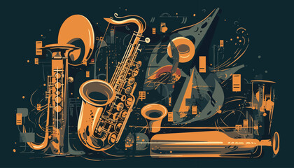 Colorful, abstract, vector illustration of jazz instruments coming together with city silhouette and lights to create a vibrant background
