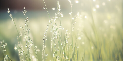 Bright spring grass field with sunlight bokeh background, AI Generated