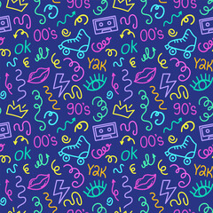 Trendy bright squiggles seamless pattern. Fun line doodle shapes of symbol 90s with curly confetti. Simple childish print. For textile, backdrop, packaging