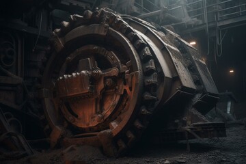 Heavy machinery including a mining reclaimer wheel bucket is used at a coal industry career. Generative AI