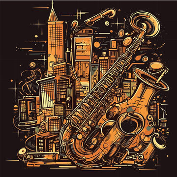 Colorful, Abstract, Vector Illustration Of Jazz Instruments Coming Together With City Silhouette And Lights To Create A Vibrant Background