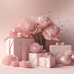  3D background Mothers Day carnations gift boxes , Generative AI