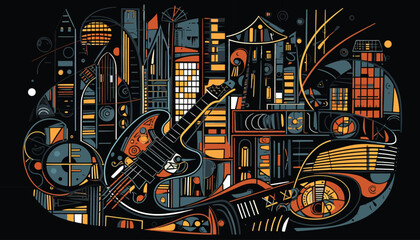 Colorful, abstract, vector illustration of jazz instruments coming together with city silhouette and lights to create a vibrant background