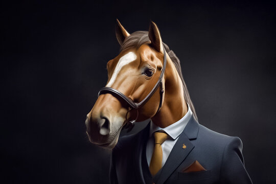 A male horse in a business suit exudes a sense of stability and reliability, making him the perfect image for companies that prioritize trustworthiness and dependability. generative AI.