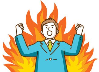 炎をバックに天を仰いでガッツポーズをするスーツ姿の男性