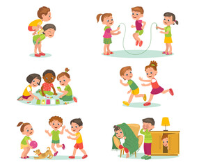 Fototapeta premium Kids active games. Paired and group children entertainment. Sports mobile or desktop calm. Boys or girls play hide and seek. Nursery activity. Jump rope and leapfrog. Splendid vector set