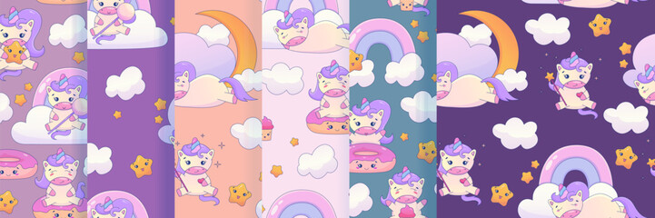 Sewing fabric with Cute Kawaii Unicorn seamless pattern set with ...
