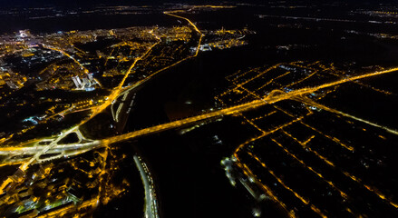 Fototapeta na wymiar Ufa, Russia. Panorama of the city center. Night city lights. Aerial view