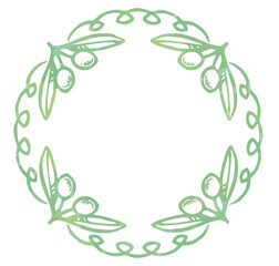 オリーブの実と葉を使ったフレーム。水彩風、ベクター素材。