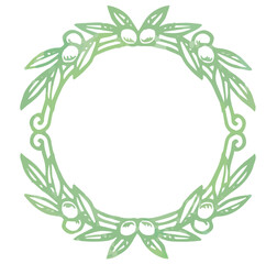 オリーブの実と葉を使ったフレーム。水彩風、ベクター素材。