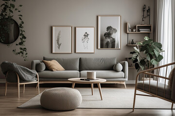 Interior design of a stylish, minimalistic and comfortable elegant living room on a white background.