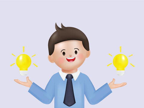 3D idea of businessman make money with lamp on hand holding in background. 3d bulb vector render for finance, investment, light bulb in hand like idea make earning concept